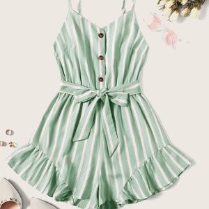 Plus Size Ruffle Hem Striped Cami Romper